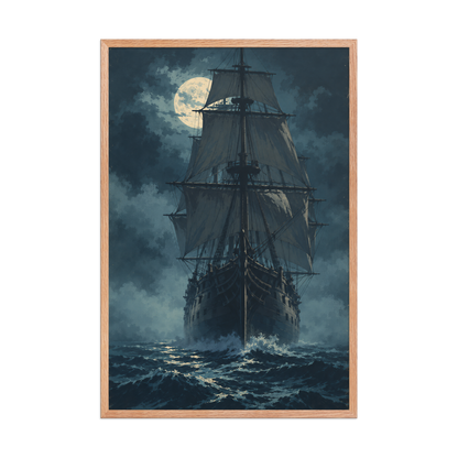 Tall ship sailing under full moon at night, vintage atmospheric nautical framed wall art print ready to hang, JMTR Jeometry Store