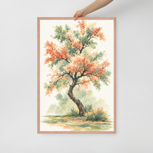 Watercolor painting of a blossoming tree with coral and sage green leaves, twisting trunk in a quiet meadow, framed wall art print ready to hang, JMTR Jeometry Store