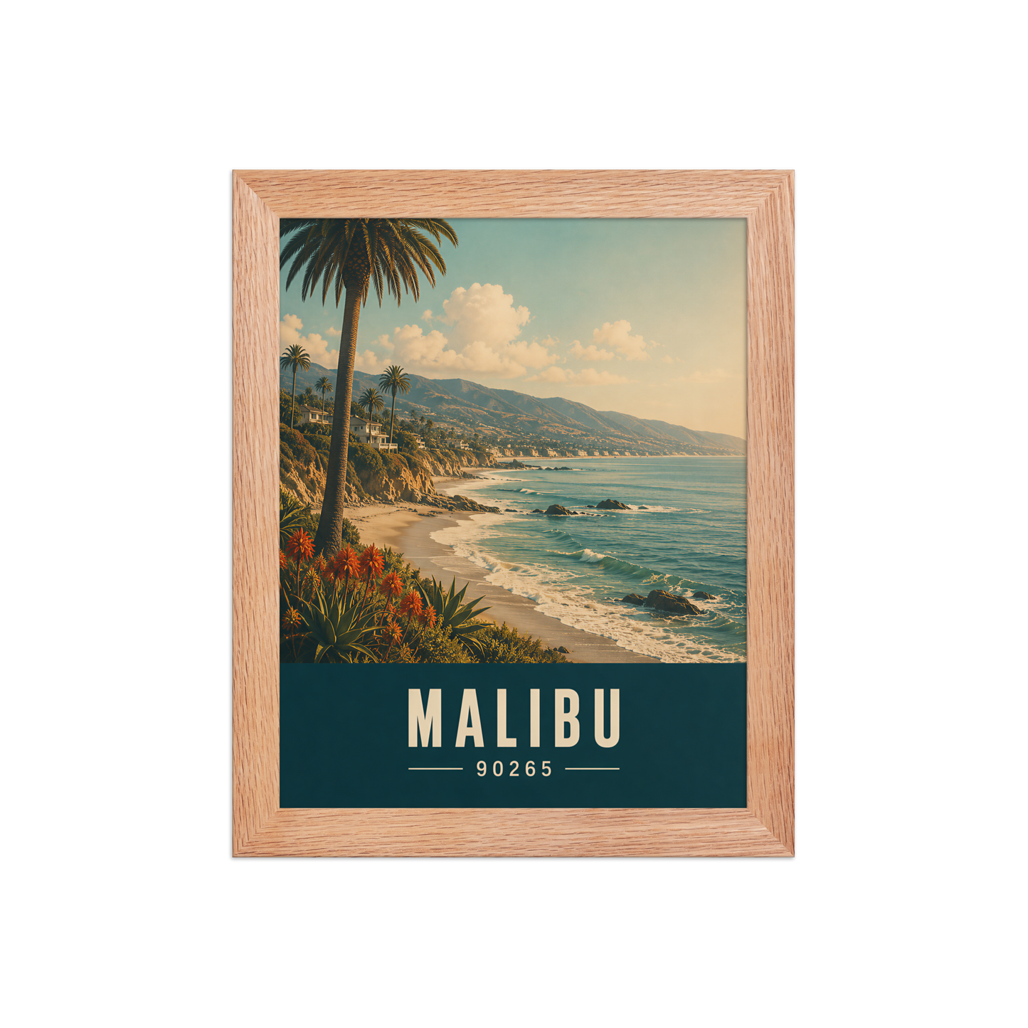Framed Malibu California retro travel poster with 90265 zip code, coastal beach wall art
