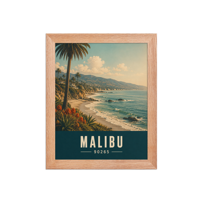 Framed Malibu California retro travel poster with 90265 zip code, coastal beach wall art