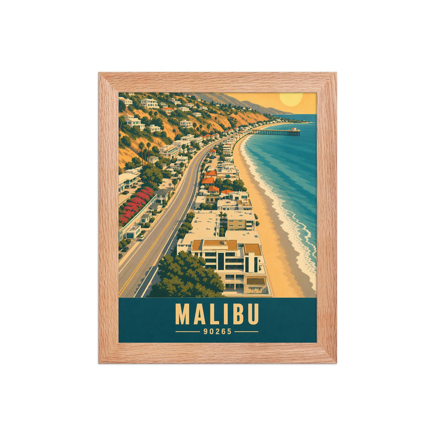 Framed aerial Malibu Pacific Coast Highway poster with 90265 zip code