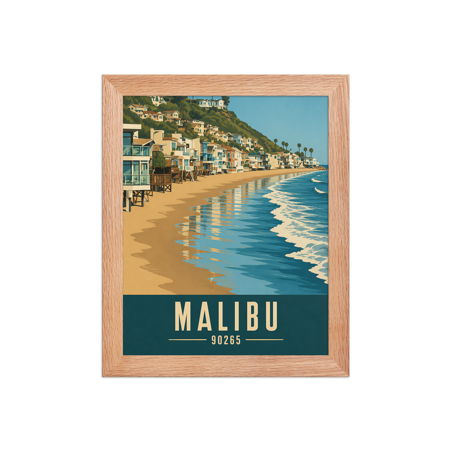 Framed Malibu beach house coastal poster with 90265 zip code