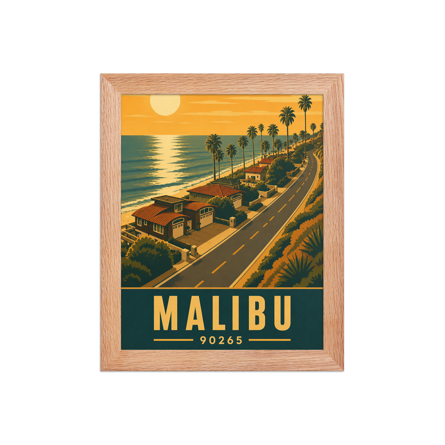 Framed Malibu palm-lined sunset coastal road poster with 90265 zip code