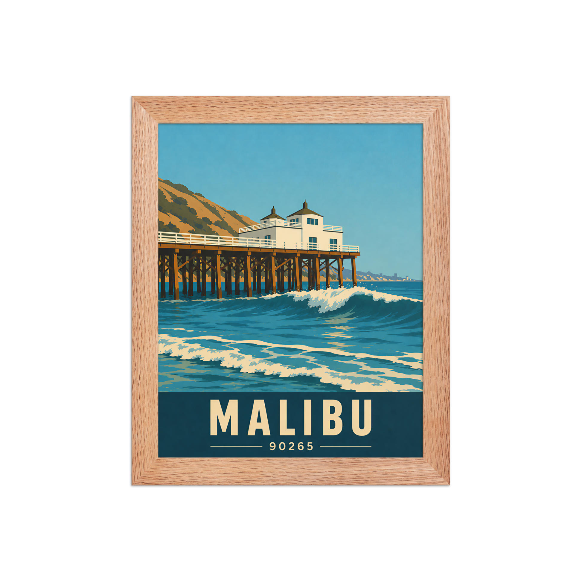 Framed Malibu oceanfront pier and waves poster with 90265 zip code