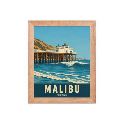 Framed Malibu oceanfront pier and waves poster with 90265 zip code
