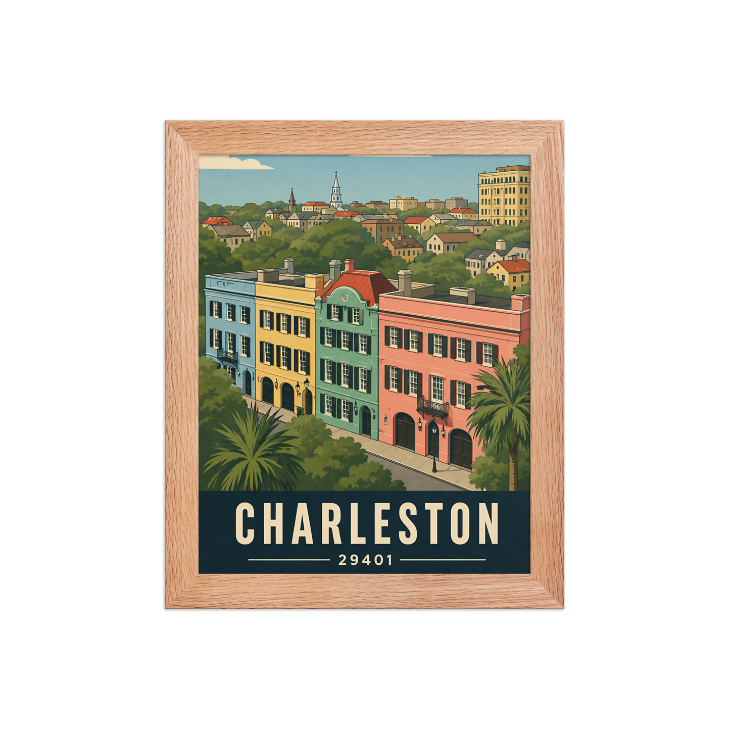 Framed Rainbow Row Charleston historic homes poster with 29401 zip code