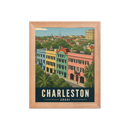 Framed Rainbow Row Charleston historic homes poster with 29401 zip code