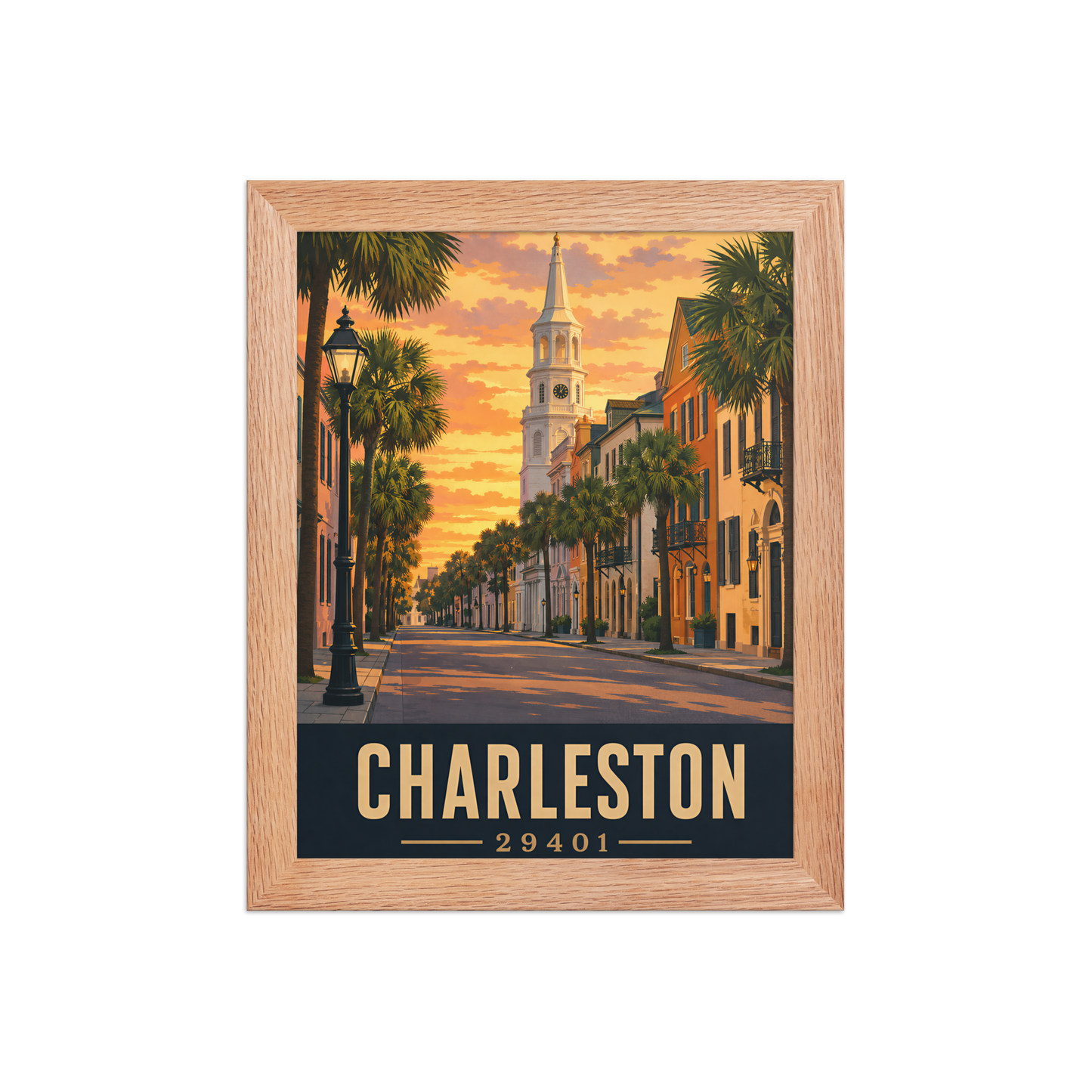 Framed Charleston church steeple sunset poster with 29401 zip code