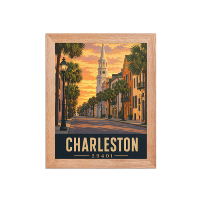 Framed Charleston church steeple sunset poster with 29401 zip code