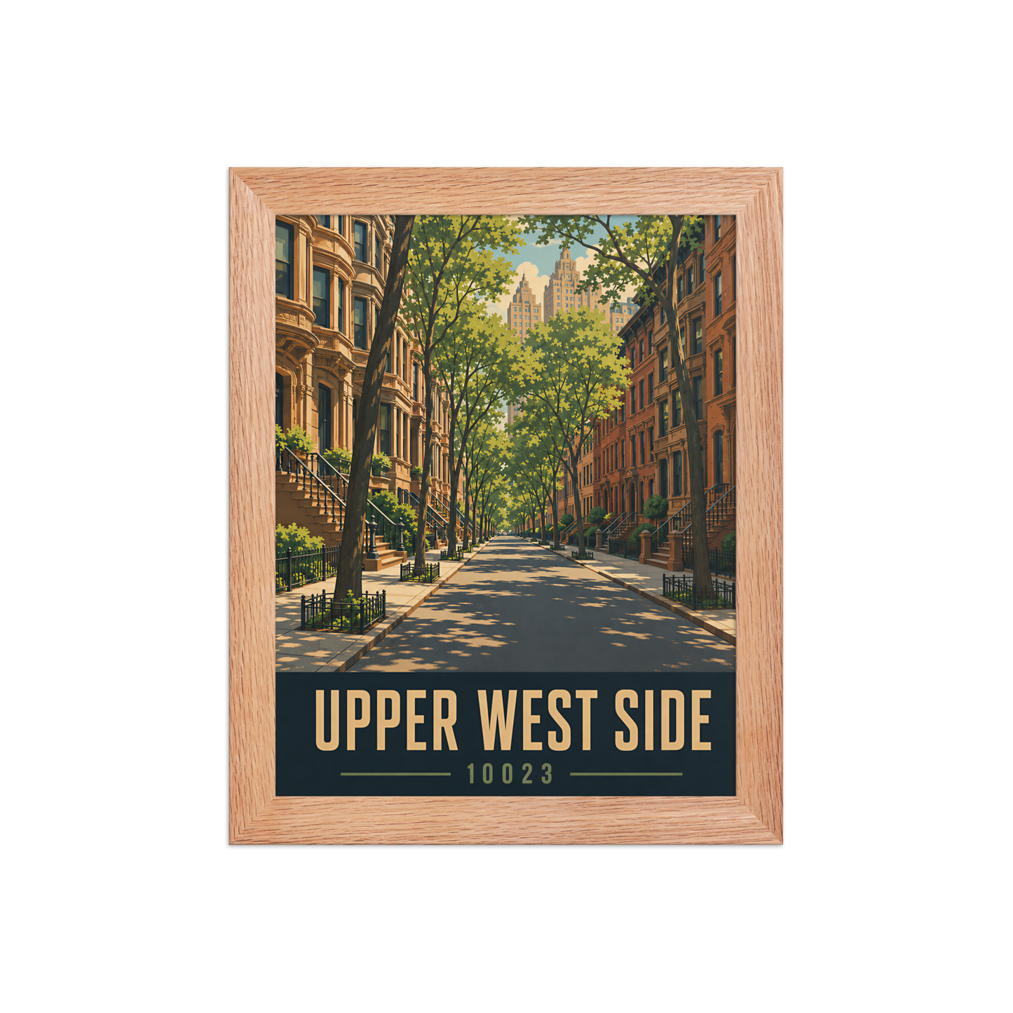 Framed Upper West Side brownstone street poster with 10023 zip code