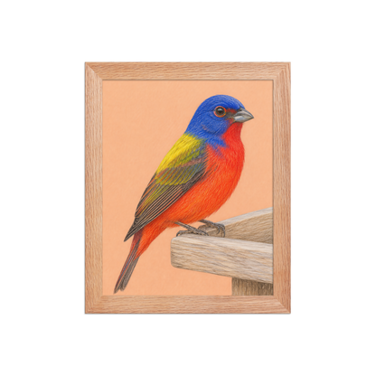 Framed Painted Bunting colored pencil illustration on wooden feeder, apricot background, wood frame wall art