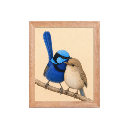 Framed male and female Splendid Fairywren blue wren pair colored pencil illustration, wood frame wall art