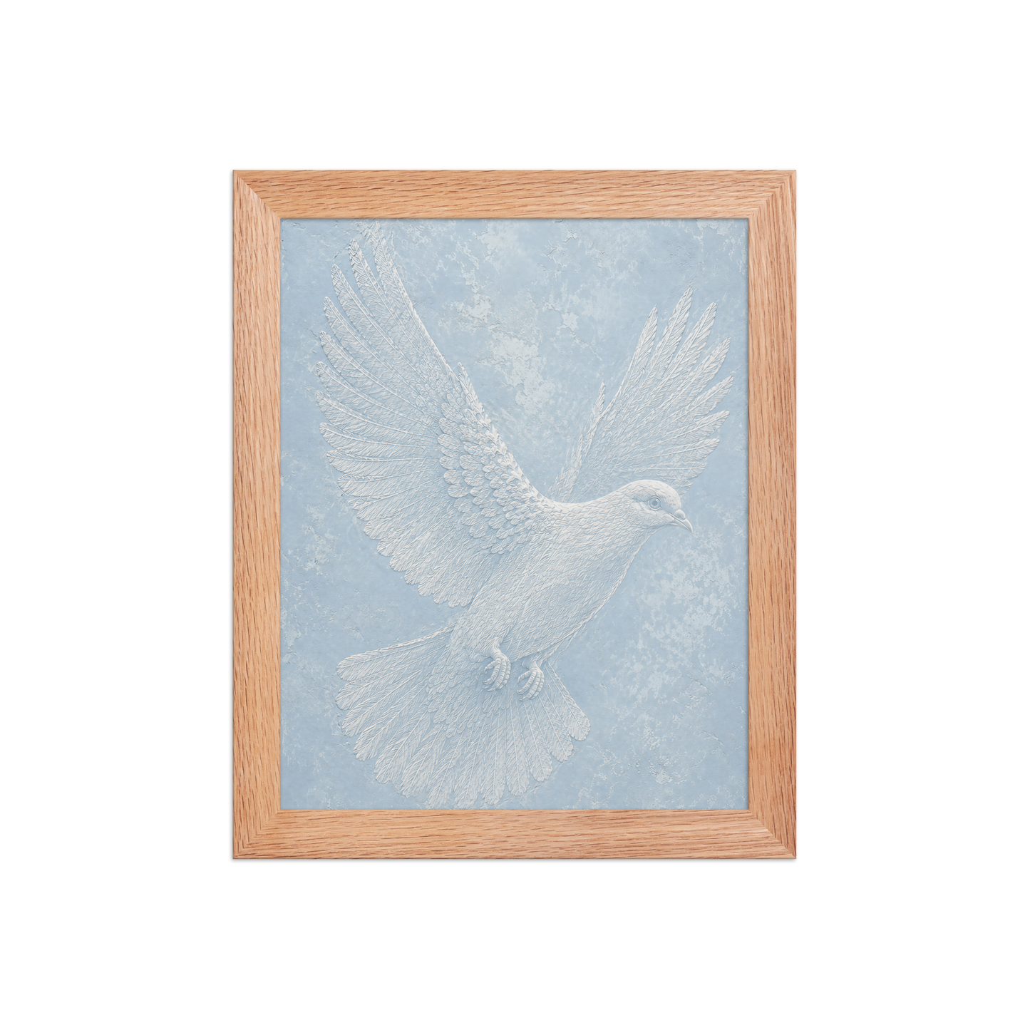 Framed peace dove print with embossed relief-look design on dusty blue textured background