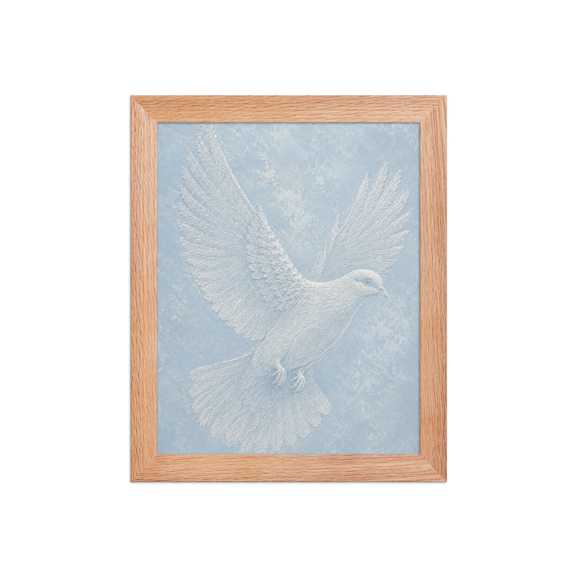 Framed peace dove print with embossed relief-look design on dusty blue textured background