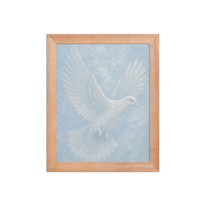 Framed peace dove print with embossed relief-look design on dusty blue textured background