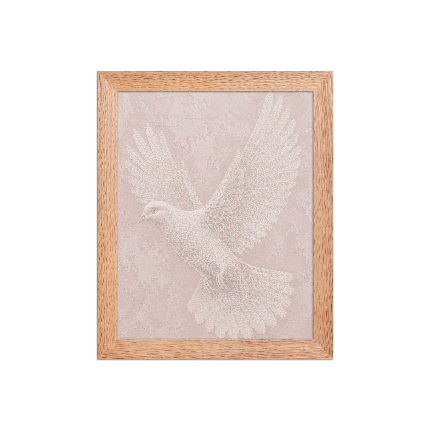 Framed peace dove print with embossed relief-look design on blush pink textured background