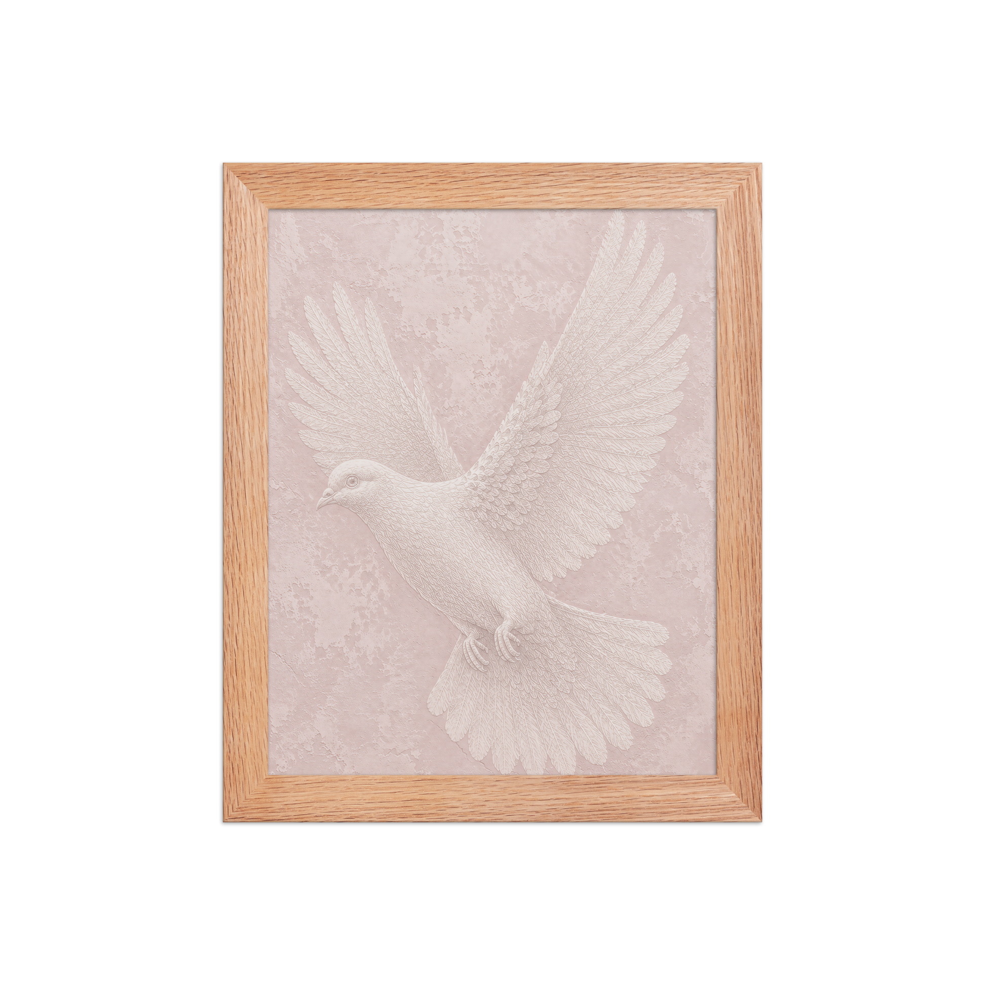 Framed peace dove print with embossed relief-look design on blush pink textured background