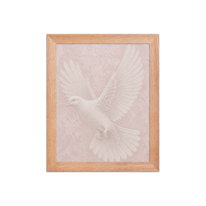 Framed peace dove print with embossed relief-look design on blush pink textured background