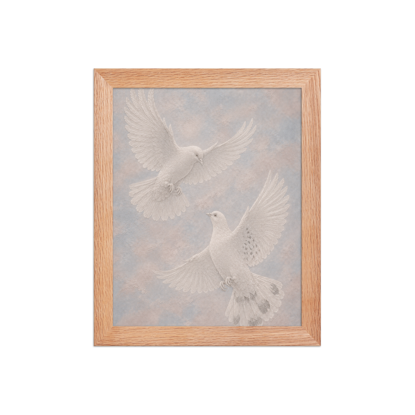Framed two peace doves print with embossed relief-look design on dusty blue and blush textured background