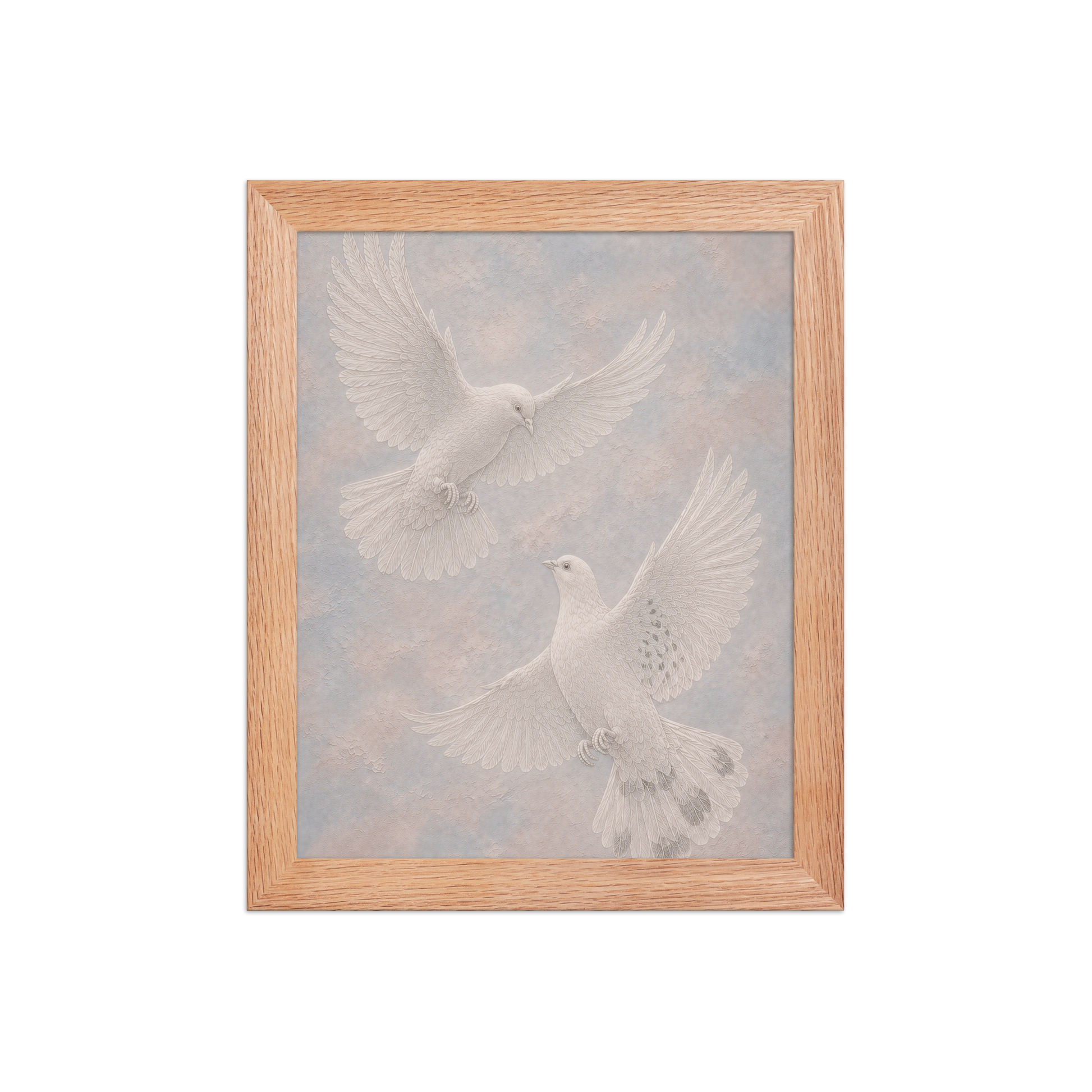 Framed two peace doves print with embossed relief-look design on dusty blue and blush textured background