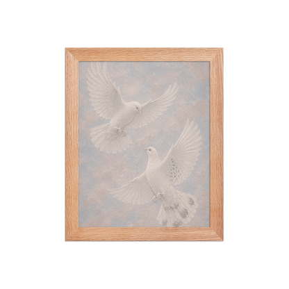 Framed two peace doves print with embossed relief-look design on dusty blue and blush textured background