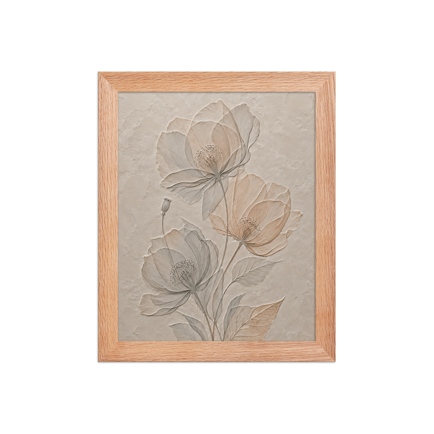 Framed wildflower bouquet print with embossed relief-look design on neutral beige textured background