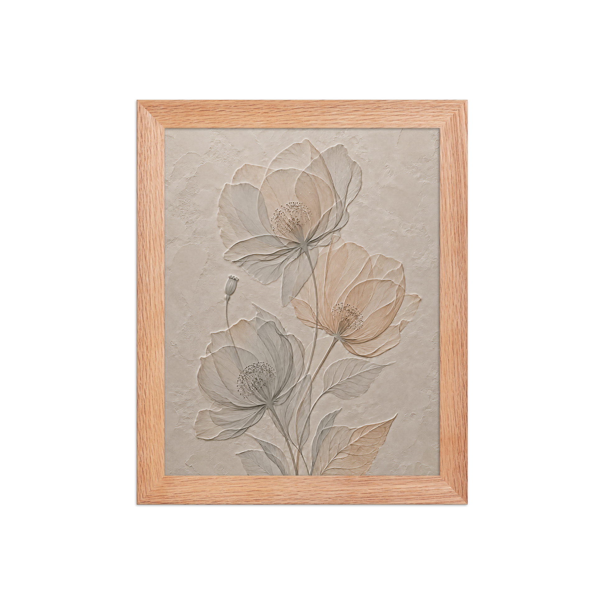 Framed wildflower bouquet print with embossed relief-look design on neutral beige textured background