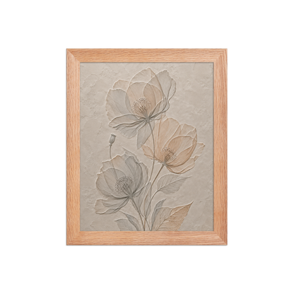 Framed wildflower bouquet print with embossed relief-look design on neutral beige textured background