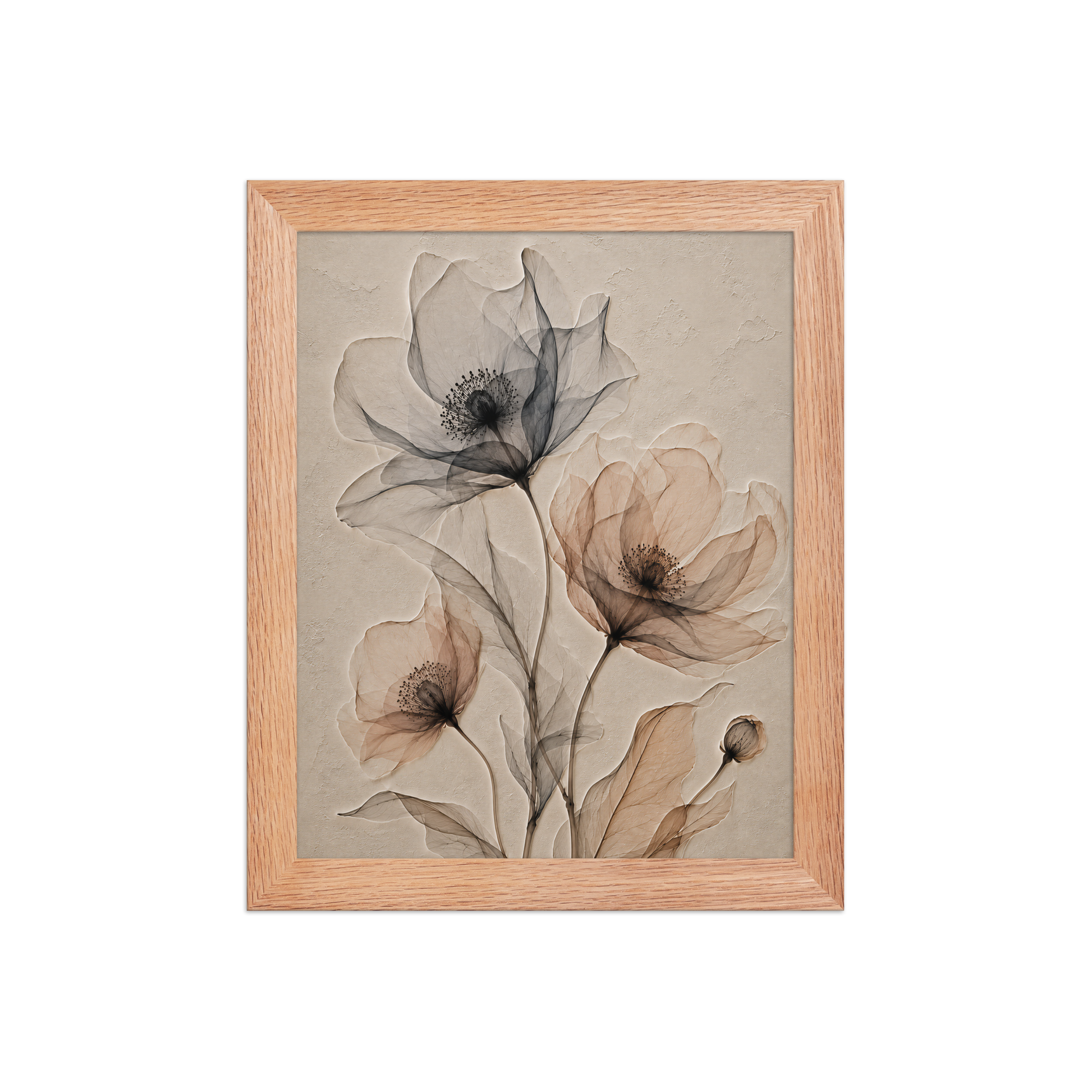 Framed wildflower trio print with embossed relief-look design in charcoal and clay tones on beige textured background