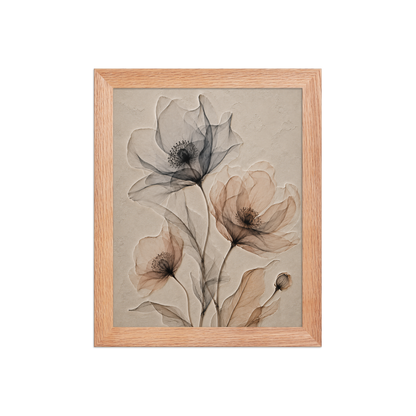 Framed wildflower trio print with embossed relief-look design in charcoal and clay tones on beige textured background