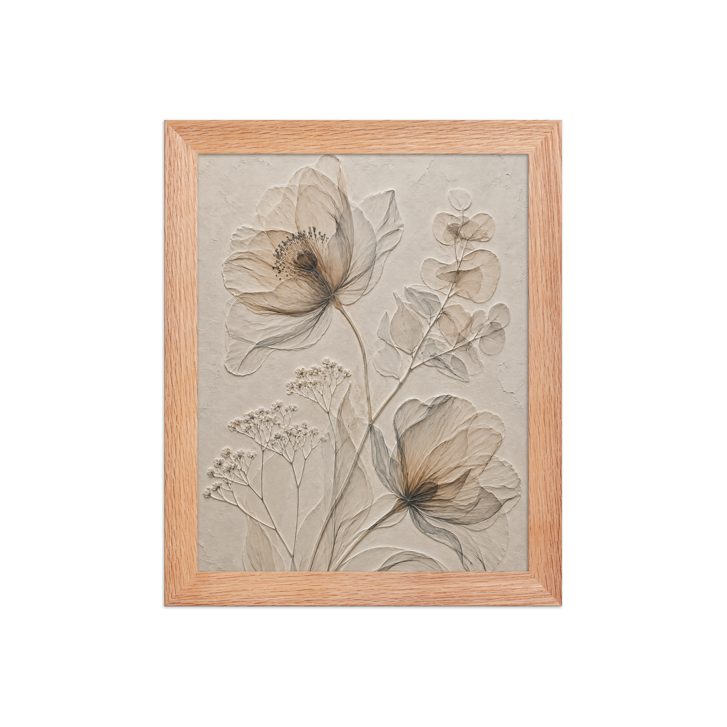 Framed botanical study print with embossed relief-look design in warm sepia tones on beige textured background