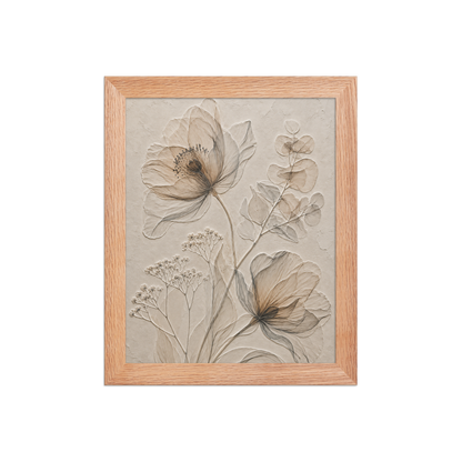 Framed botanical study print with embossed relief-look design in warm sepia tones on beige textured background