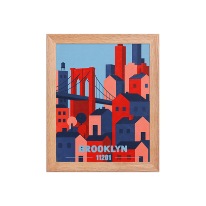 Framed Brooklyn Bridge retro travel poster, 11201 zip code wall art