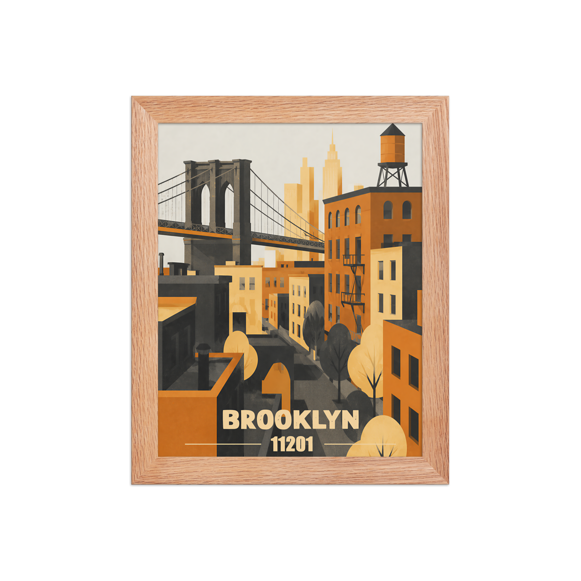 Framed Brooklyn fire escape retro travel poster, 11201 zip code wall art