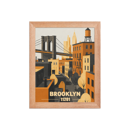 Framed Brooklyn fire escape retro travel poster, 11201 zip code wall art