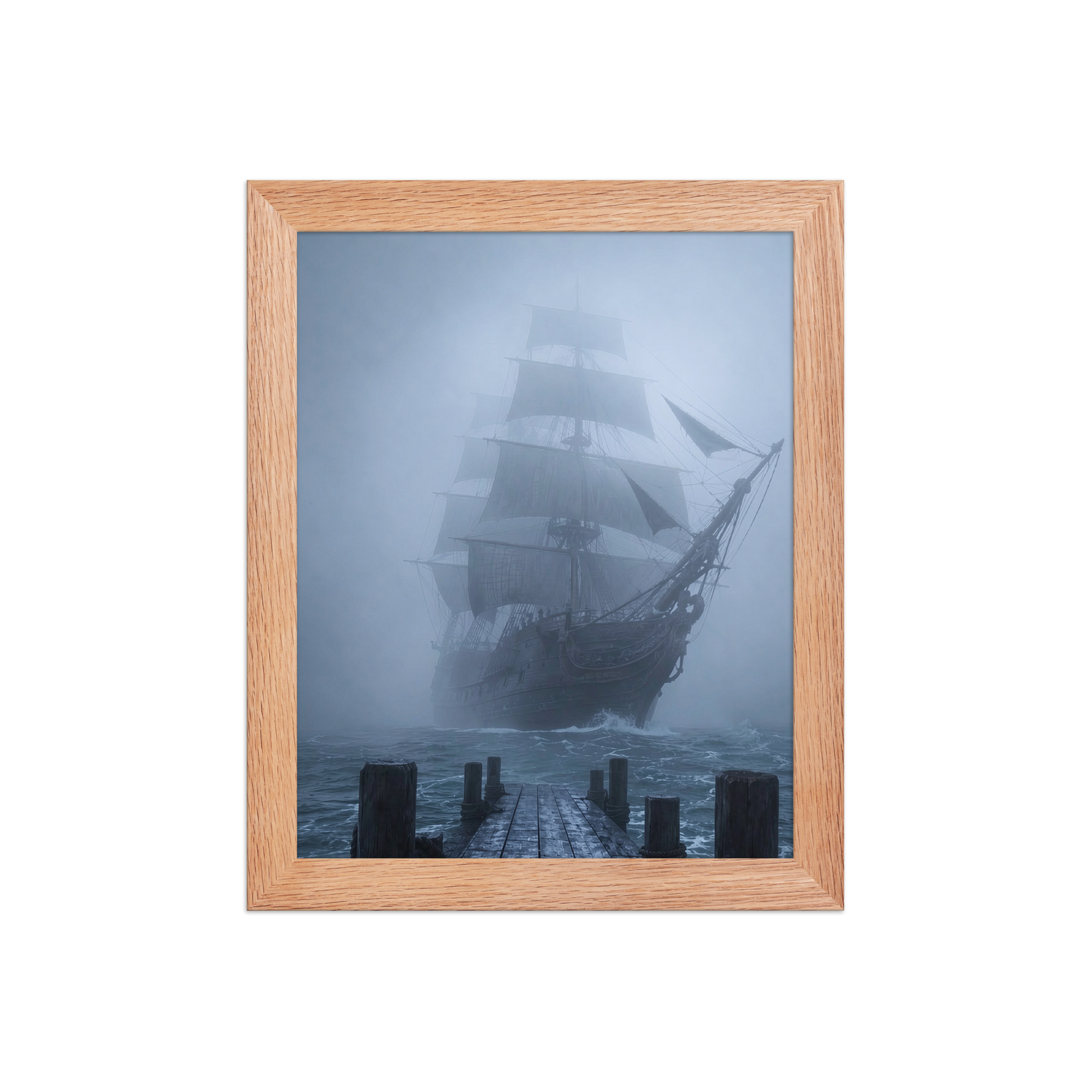 Ghost ship emerging from fog at dawn, dark moody framed wall art print ready to hang, JMTR Jeometry Store