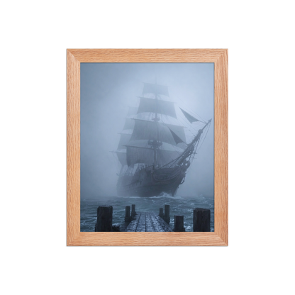 Ghost ship emerging from fog at dawn, dark moody framed wall art print ready to hang, JMTR Jeometry Store