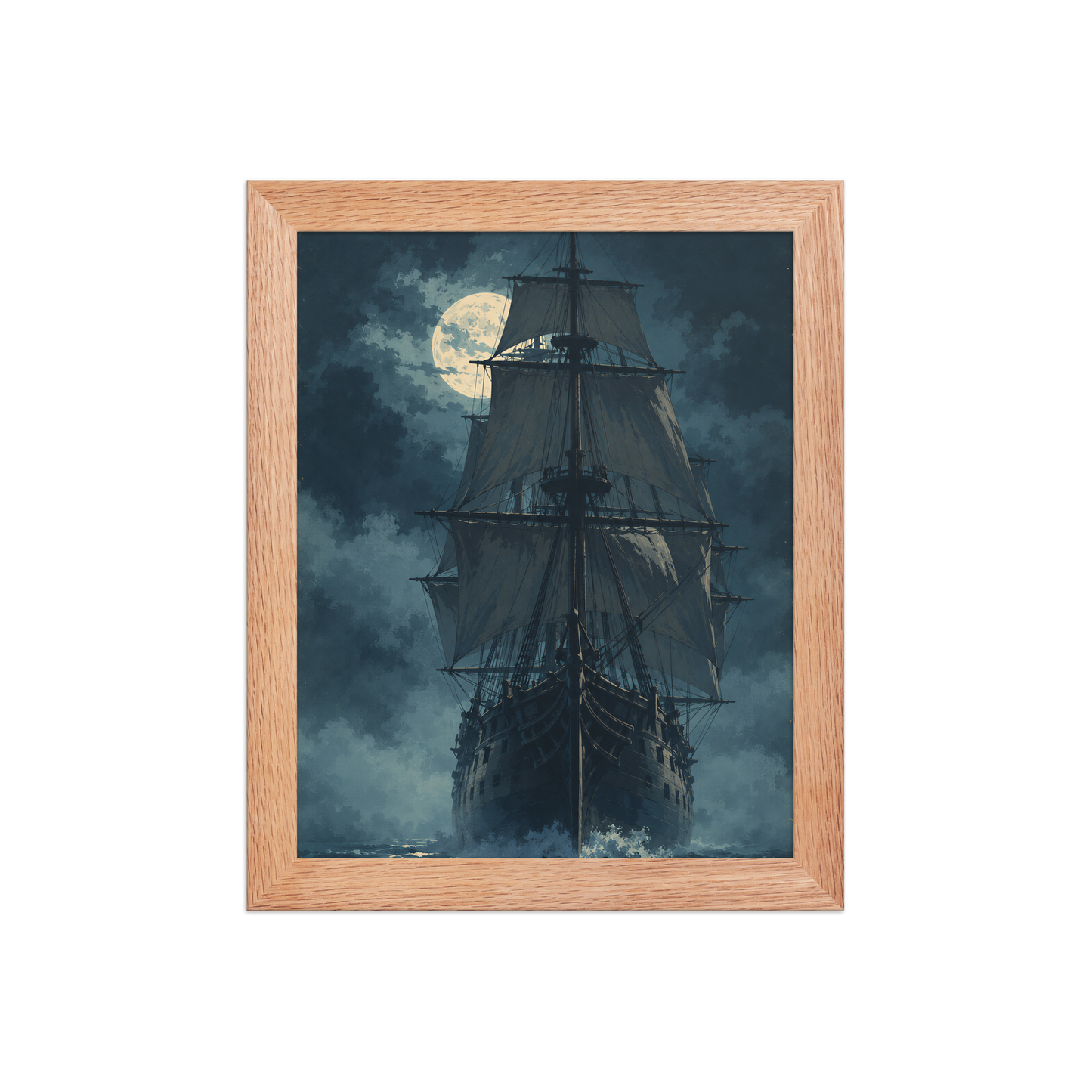 Tall ship sailing under full moon at night, vintage atmospheric nautical framed wall art print ready to hang, JMTR Jeometry Store