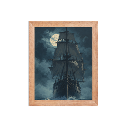 Tall ship sailing under full moon at night, vintage atmospheric nautical framed wall art print ready to hang, JMTR Jeometry Store
