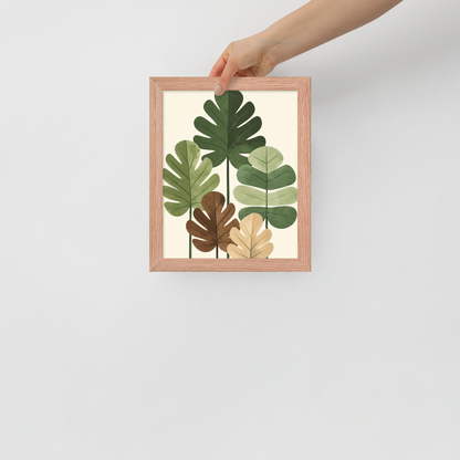 Illustrated fig leaves in shades of green, brown and gold with textured paper-like finish, framed wall art print ready to hang, JMTR Jeometry Store