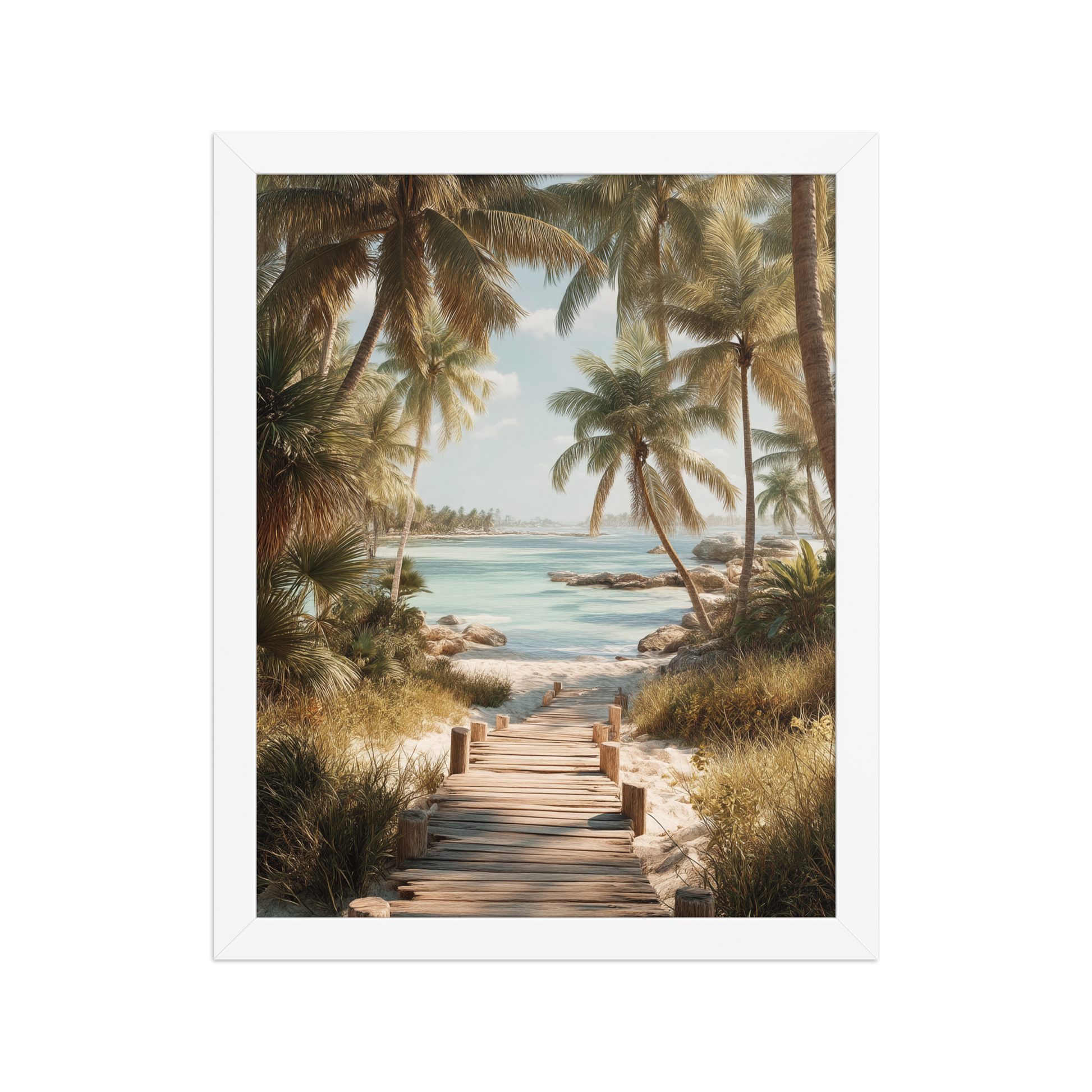 Wooden boardwalk path through tropical palm trees 
leading to calm turquoise beach, framed wall art print, 
black frame, JMTR Jeometry Store