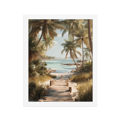 Wooden boardwalk path through tropical palm trees 
leading to calm turquoise beach, framed wall art print, 
black frame, JMTR Jeometry Store