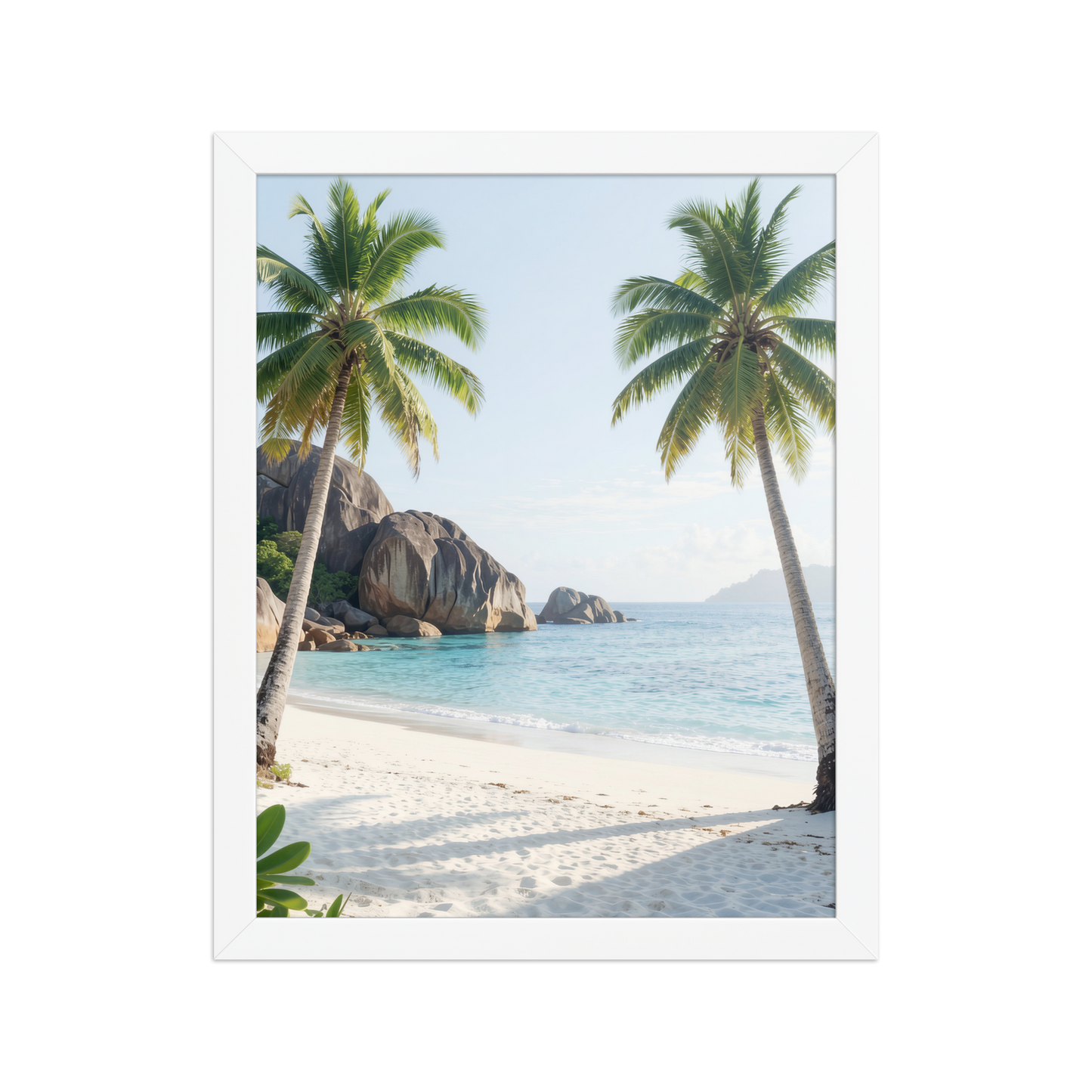 Framed tropical beach print with turquoise ocean, white sand and palm trees, ready to hang coastal wall art, JMTR Jeometry Store
