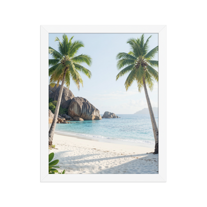Framed tropical beach print with turquoise ocean, white sand and palm trees, ready to hang coastal wall art, JMTR Jeometry Store