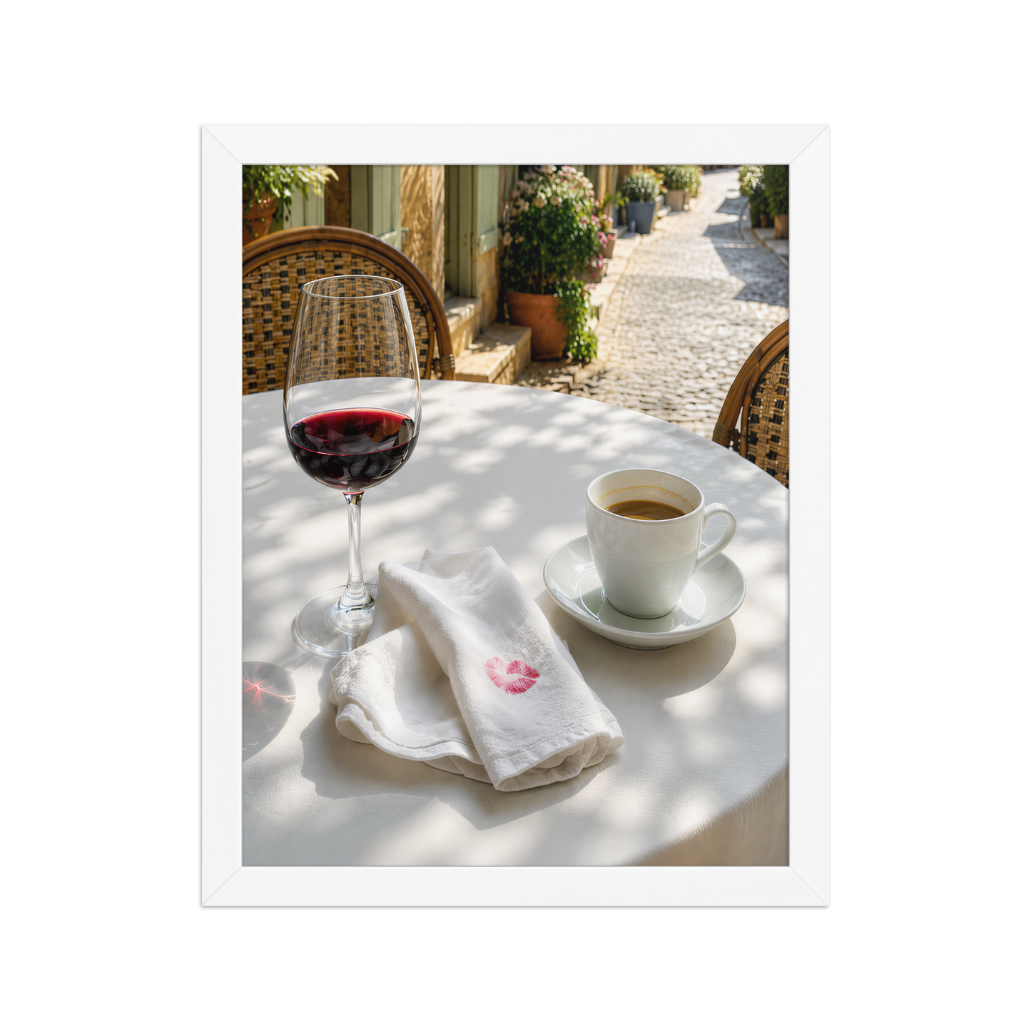 Framed sunlit café terrace print with red wine and espresso, ready to hang wall art, JMTR Jeometry Store