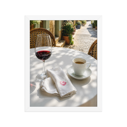 Framed sunlit café terrace print with red wine and espresso, ready to hang wall art, JMTR Jeometry Store