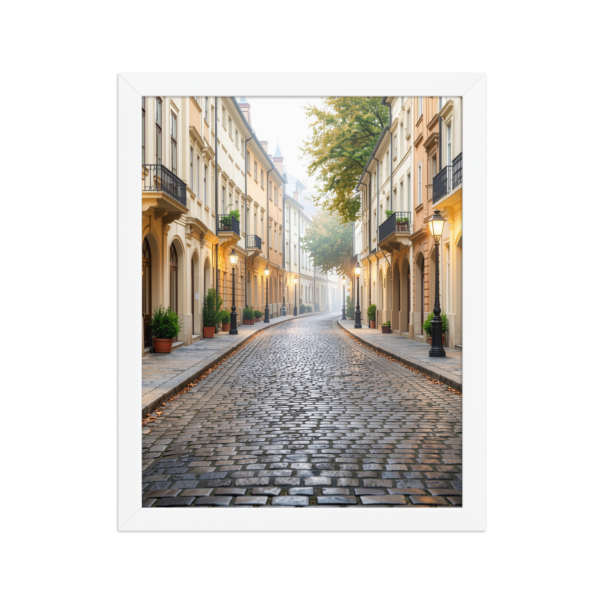 Framed European cobblestone street wall art, calm aesthetic old town morning fog poster, black frame, JMTR Jeometry Store