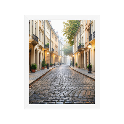 Framed European cobblestone street wall art, calm aesthetic old town morning fog poster, black frame, JMTR Jeometry Store
