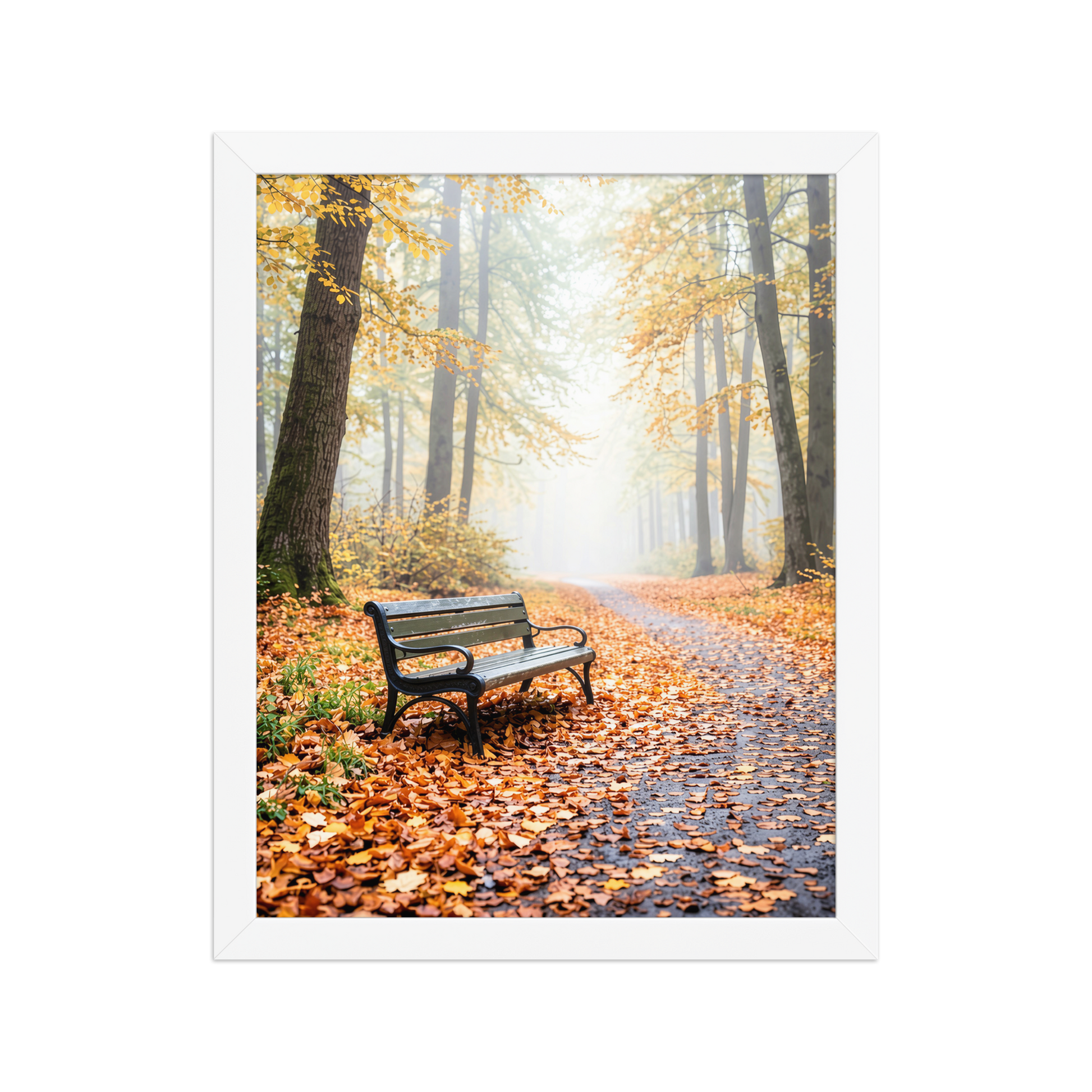Framed autumn park bench wall art, foggy forest path fall leaves calm aesthetic poster, black frame, JMTR Jeometry Store
