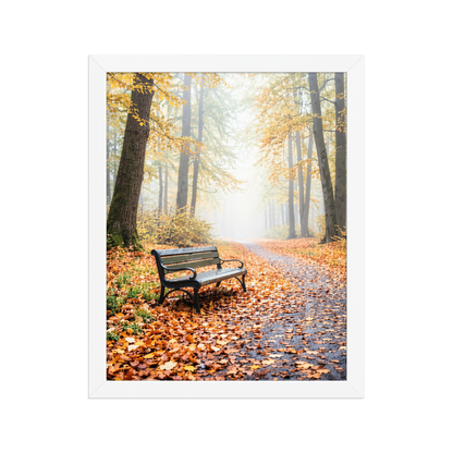 Framed autumn park bench wall art, foggy forest path fall leaves calm aesthetic poster, black frame, JMTR Jeometry Store